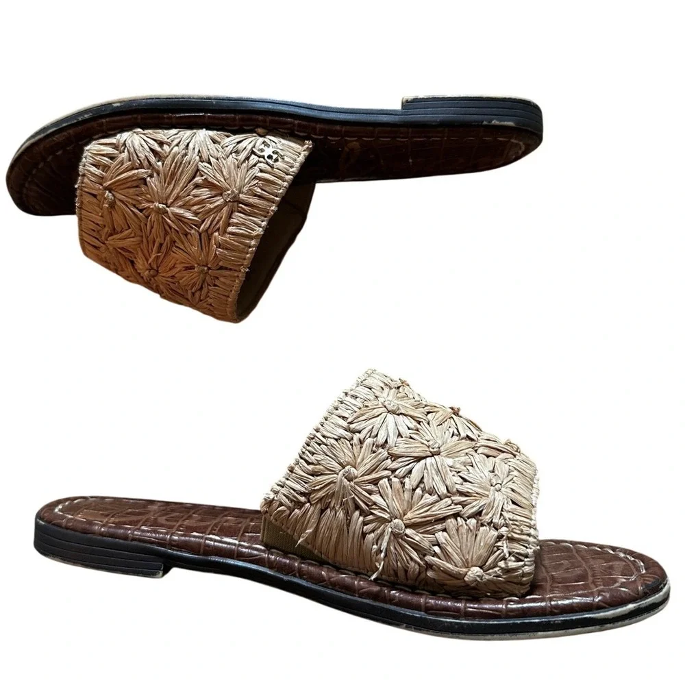 Sam Edelman Brown Croc Giovanna Raffia Floral Slide Sandals Kid's 1M‎